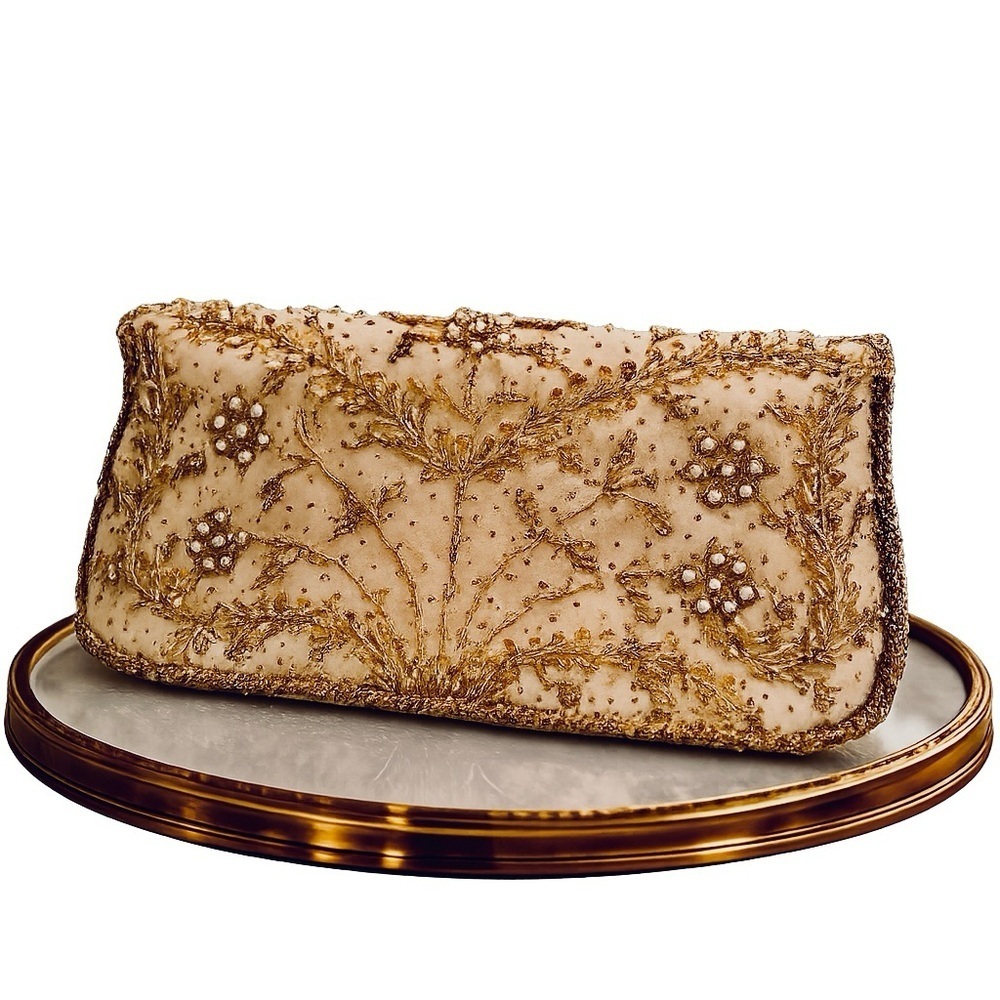 Vintage Gold Beaded Evening Clutch w/ Chain Strap Ivory Satin Floral Embroidery